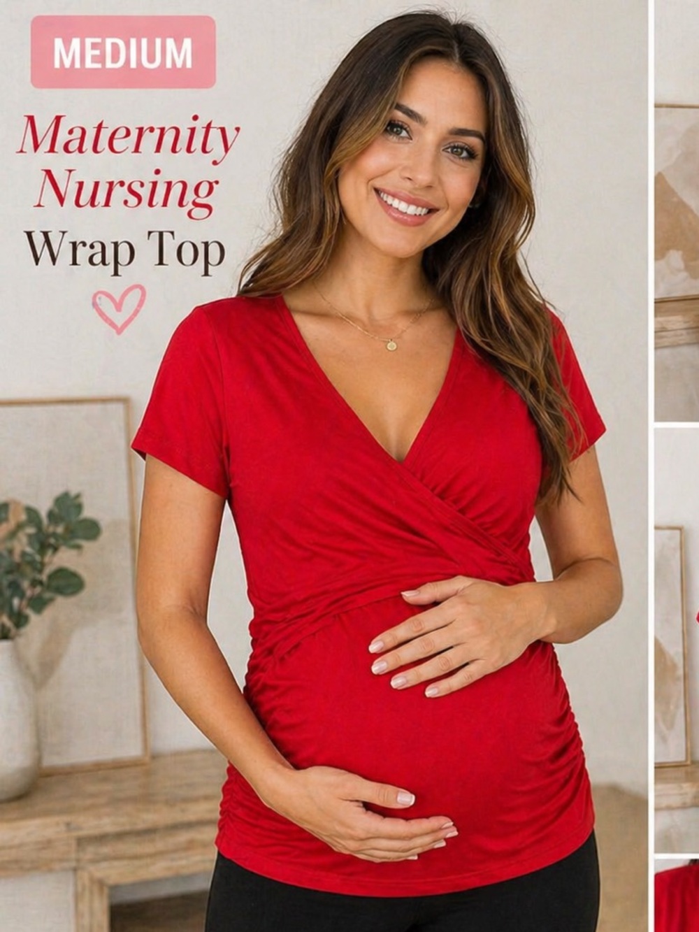 Aamilife maternity / nursing top Red Draped V-Neck Short Sleeve MEDIUM